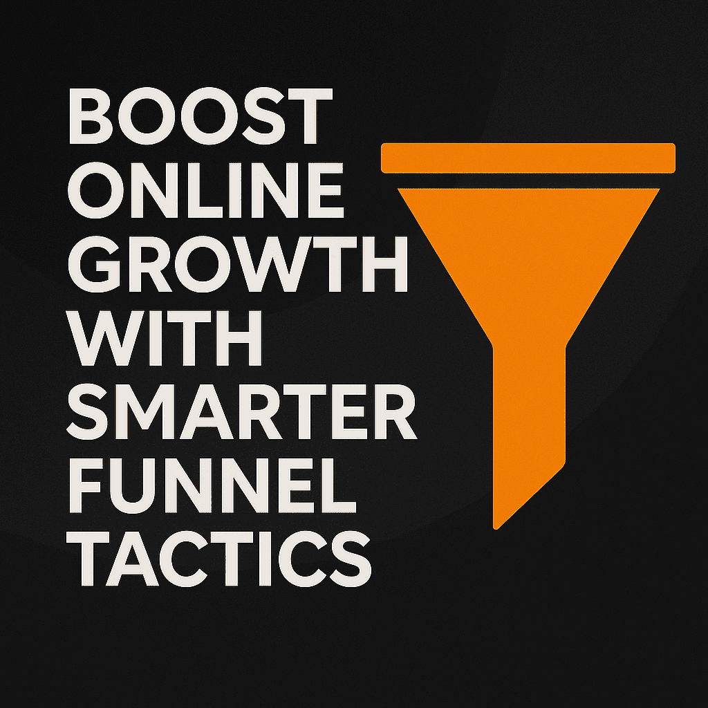 Promotional graphic featuring the phrase "Boost Online Growth with Smarter Funnel Tactics" beside an orange funnel icon