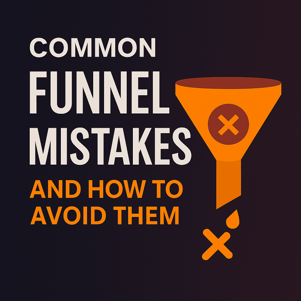 Graphic showing common funnel mistakes and how to avoid them with orange funnel icon and dark background