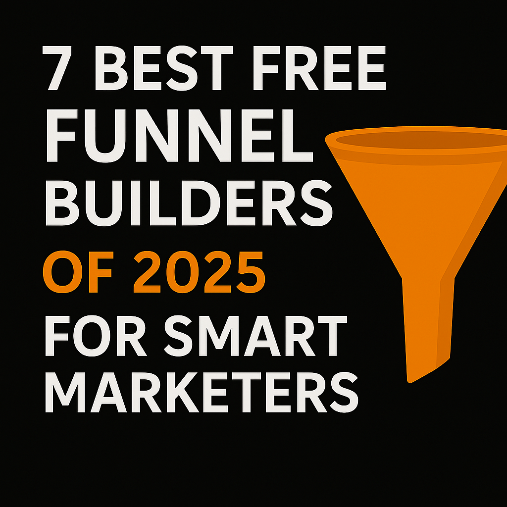 Promotional graphic highlighting "7 Best Free Funnel Builders of 2025 for Smart Marketers" with bold orange funnel on a dark background.
