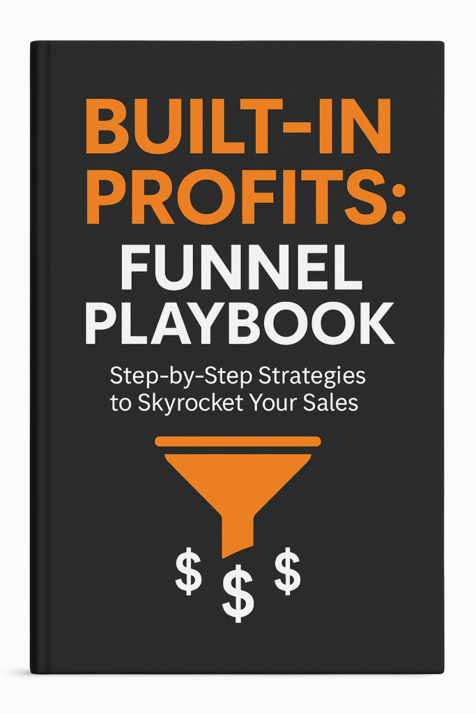 Built-In Profits: Funnel Playbook cover showing a sales funnel icon with dollar signs and tagline "Step-by-Step Strategies to Skyrocket Your Sales"
