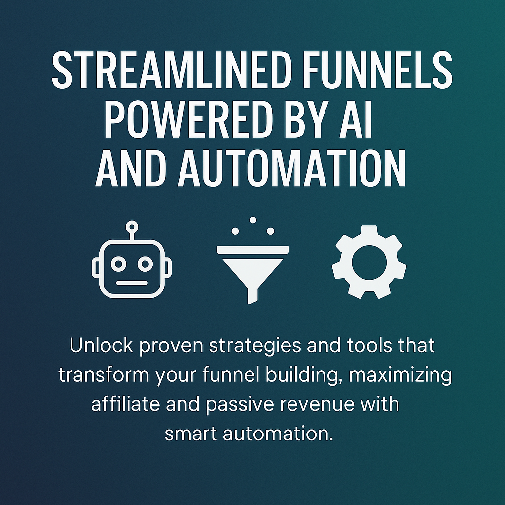 Promotional graphic with the headline 'Streamlined Funnels Powered by AI and Automation,' featuring icons of a robot, a sales funnel, and a gear, set against a dark blue-to-teal gradient background. Subtext highlights automation, affiliate income, and passive revenue growth.”