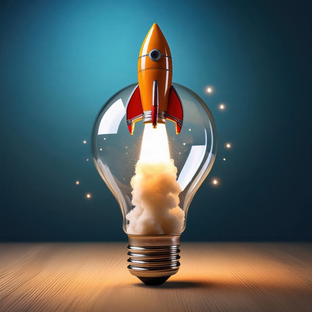 Orange rocket launching from lightbulb representing innovative business growth and entrepreneurial success with automated marketing systems