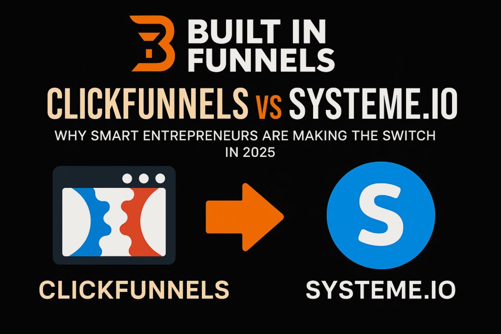 ClickFunnels vs Systeme.io comparison infographic showing Built in Funnels logo with arrow pointing from ClickFunnels to Systeme.io, illustrating why smart entrepreneurs are making the switch in 2025