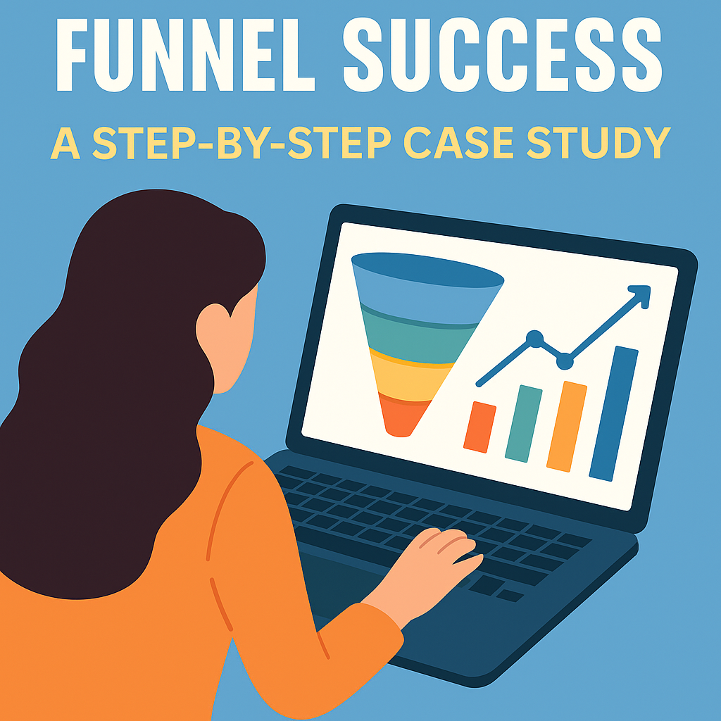 Flat-style blog cover showing a woman analyzing a funnel chart on a laptop screen with upward-trending analytics.