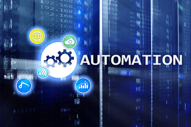 Automation concept with digital gears and icons representing business process innovation