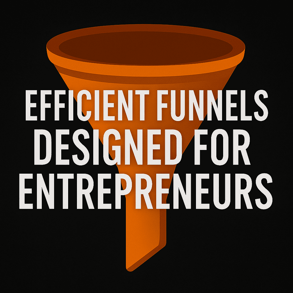 Stylized funnel graphic with glowing orange accents and bold text reading 'Efficient Funnels Designed for Entrepreneurs