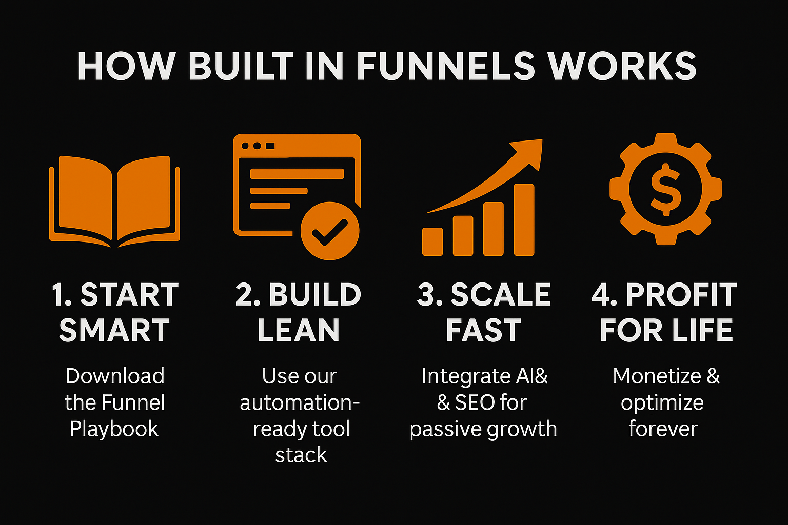 4-step roadmap titled "How Built In Funnels Works" showing icons for Start Smart, Build Lean, Scale Fast, and Profit for Life