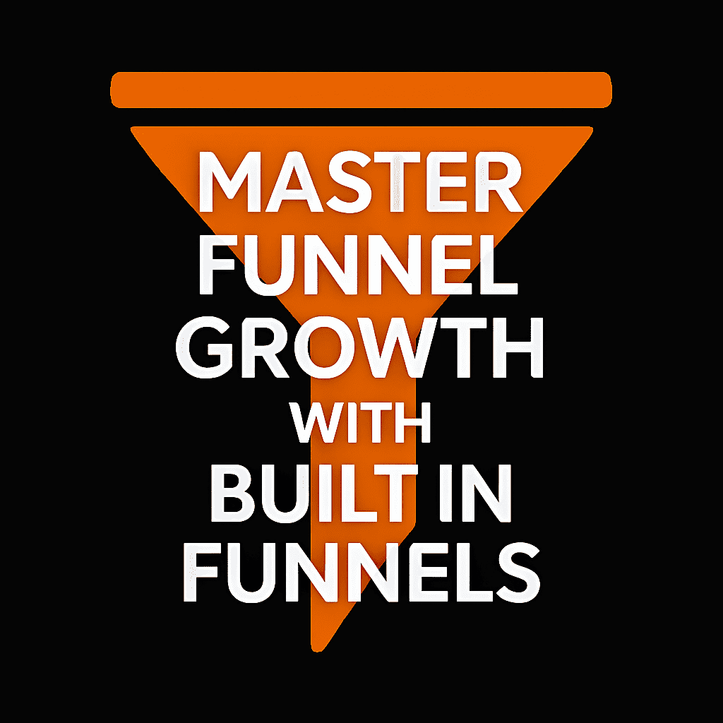 Promotional graphic displaying the phrase ‘Master Funnel Growth with Built In Funnels’ with a modern funnel-themed background design